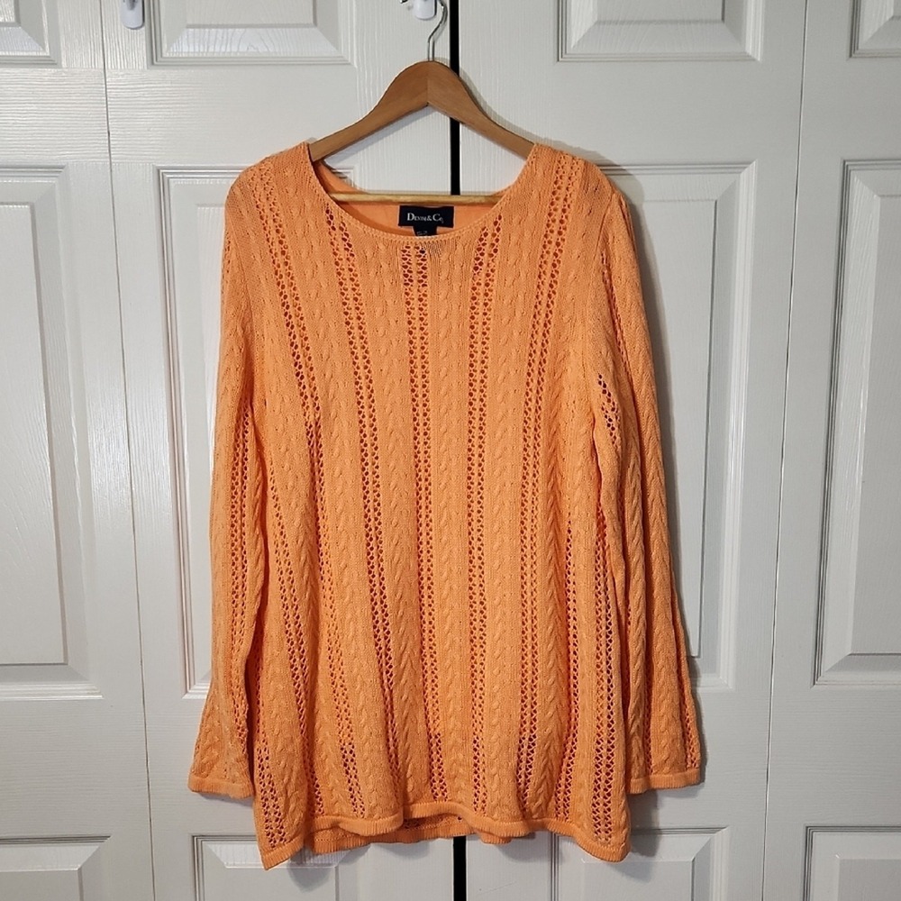 Denim & Co Orange Pointelle Cable Knit Lined Sweater Long Sleeve Scoop Neck XL
